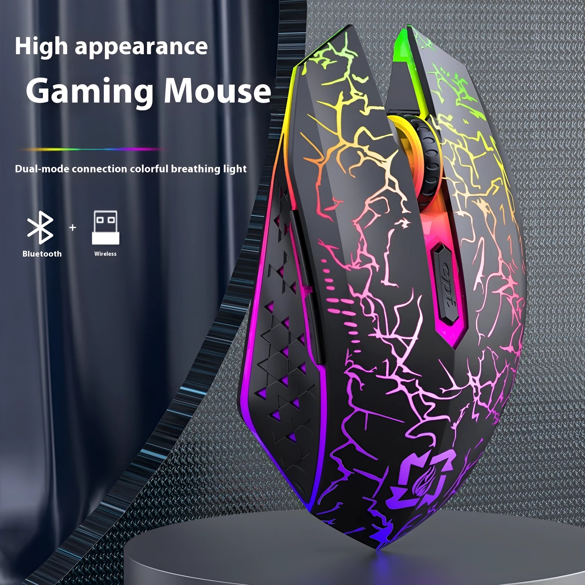 Black and white gaming mouse with luminous breathing light, showing dual-mode connectivity and self-charging design