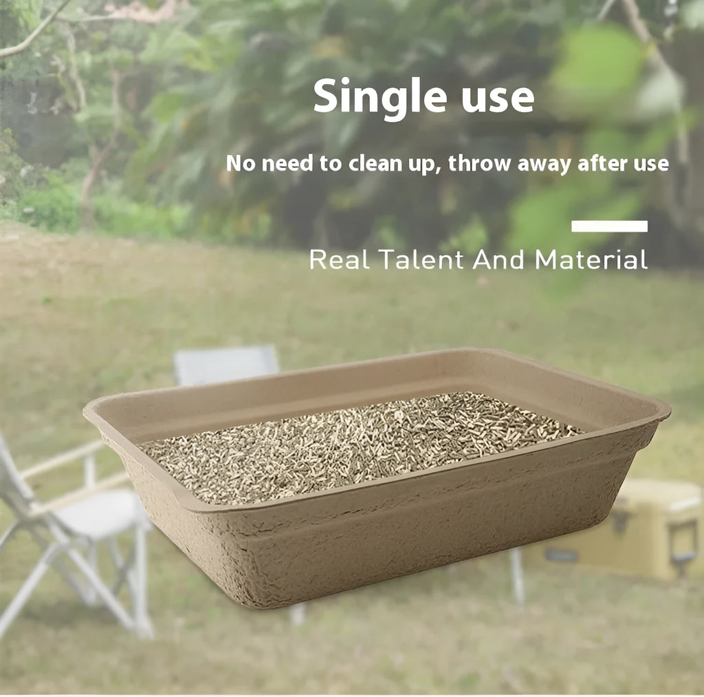 Brown disposable waterproof cat litter box showing three size options for small to medium cats