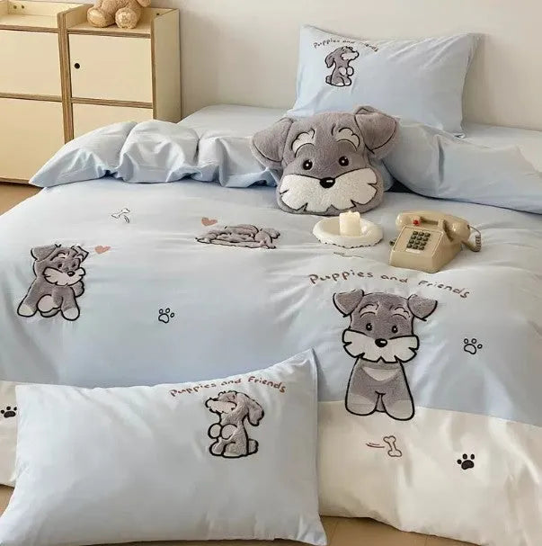 Cartoon Schnauzer pattern bed linen set with embroidered details on a cotton quilt cover and pillowcase.