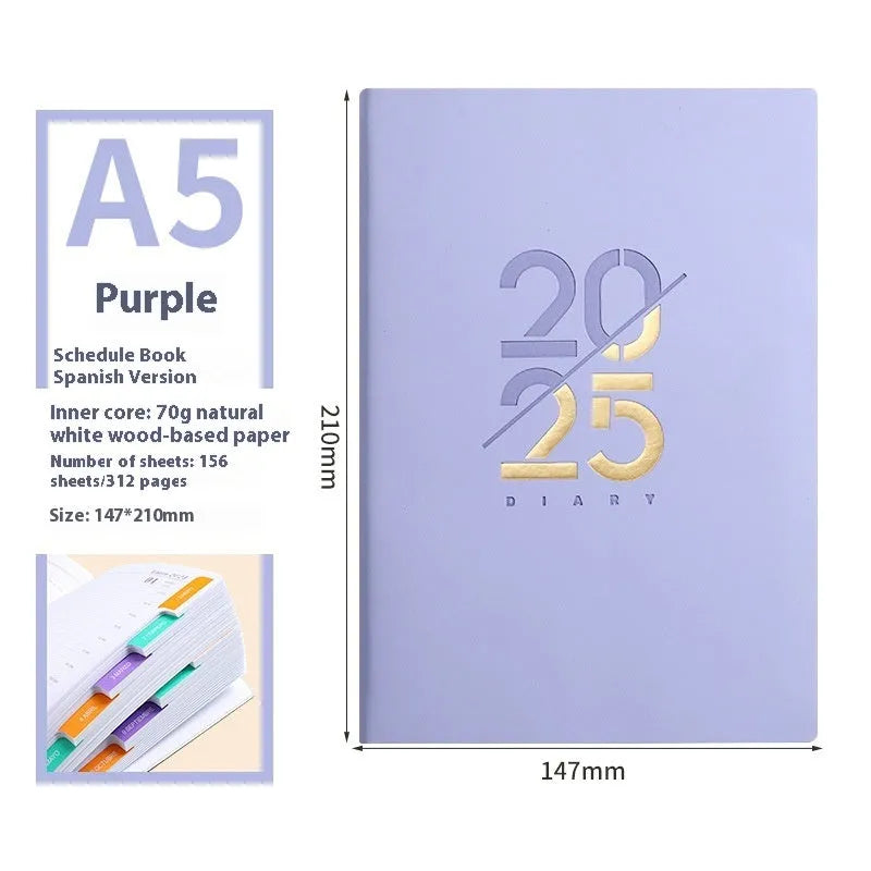 A5 2025 daily schedule book with faux leather cover in blue colour, open to show lined pages and thread binding.