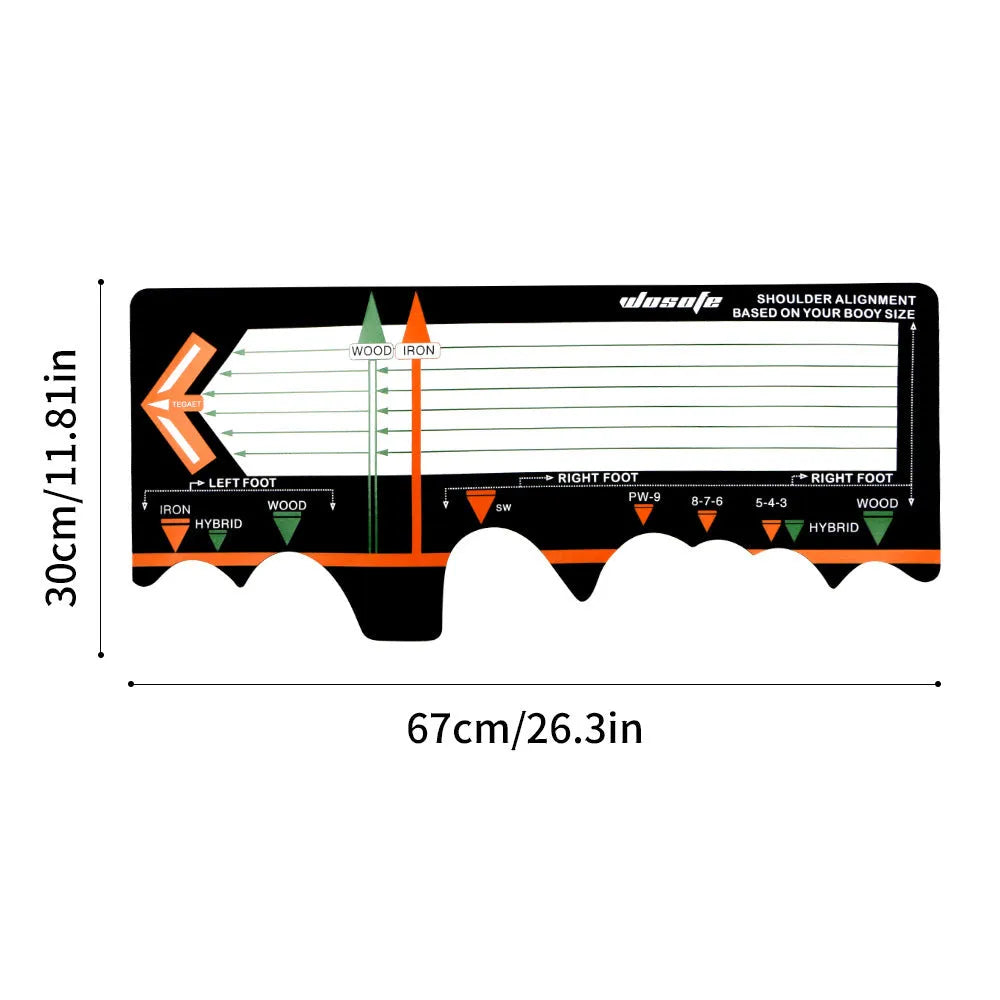 Black neoprene golf swing stance positioning pad measuring 22.5cm for training alignment