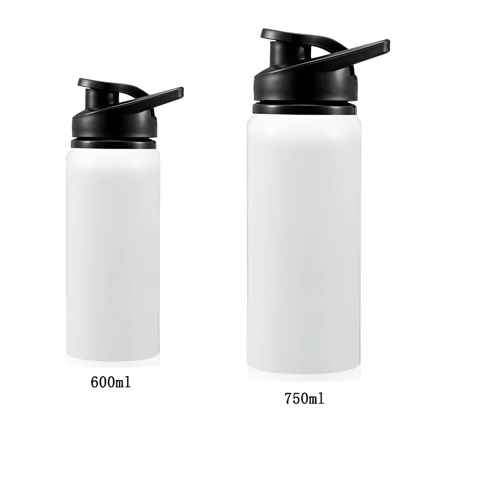 White aluminium sports water bottle for cycling available in 600ml and 750ml capacity options