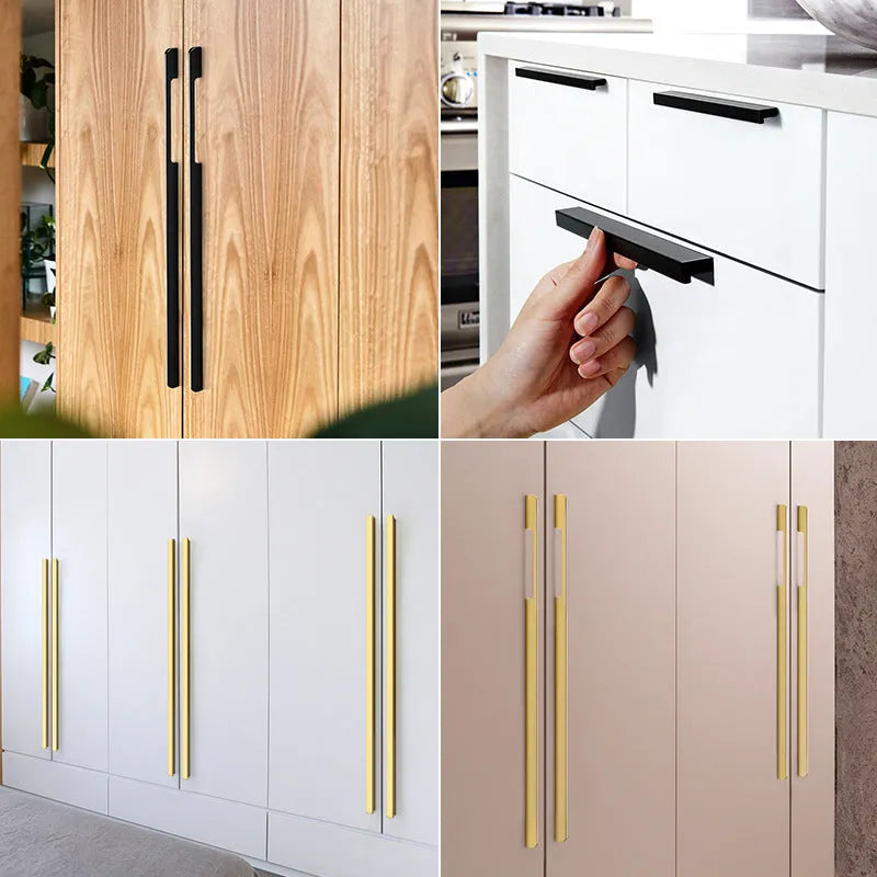 Gold aluminium alloy cabinet handle with T shape design showing single mounting hole