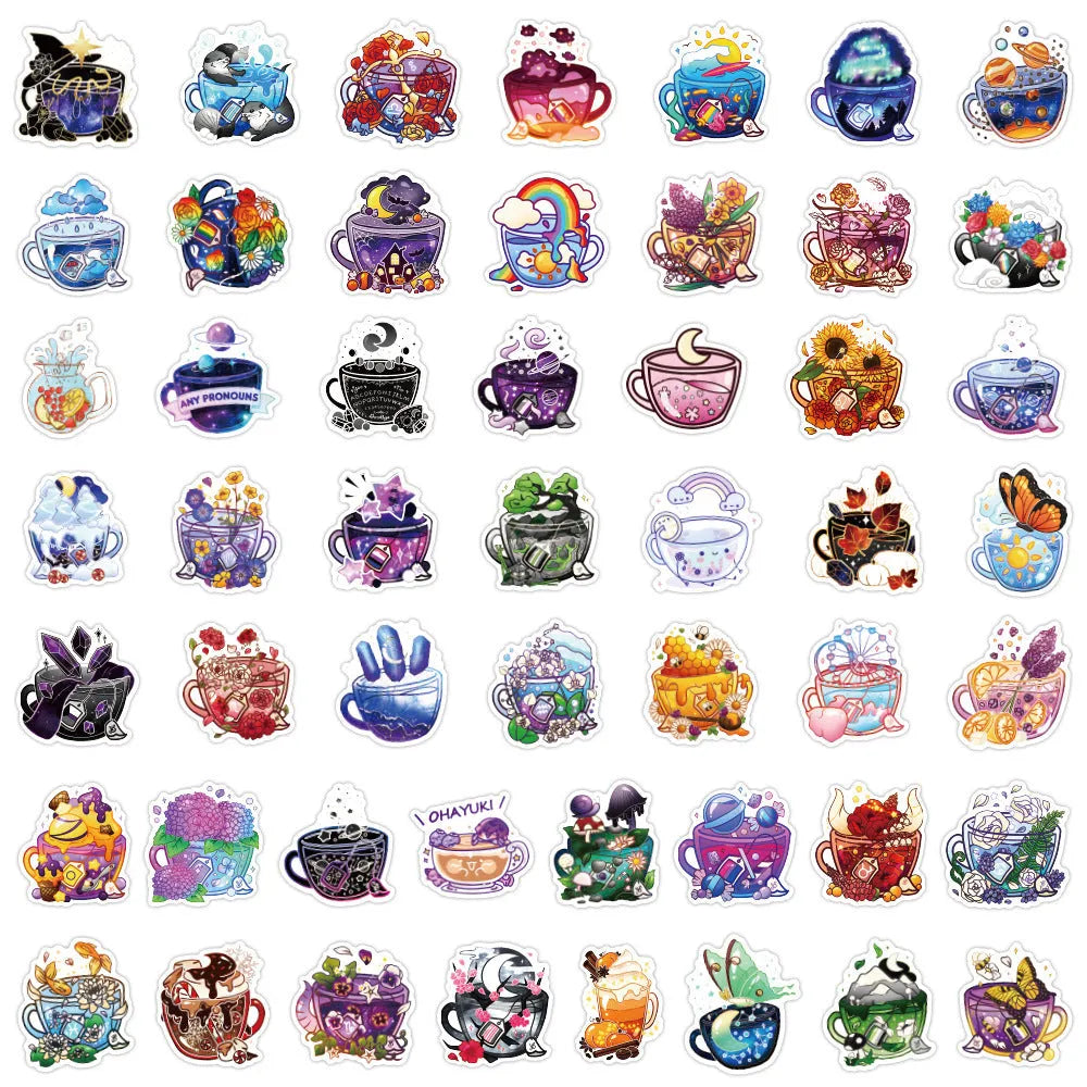 Pack of 50 colourful tea cup graffiti design waterproof vinyl stickers for DIY decoration.