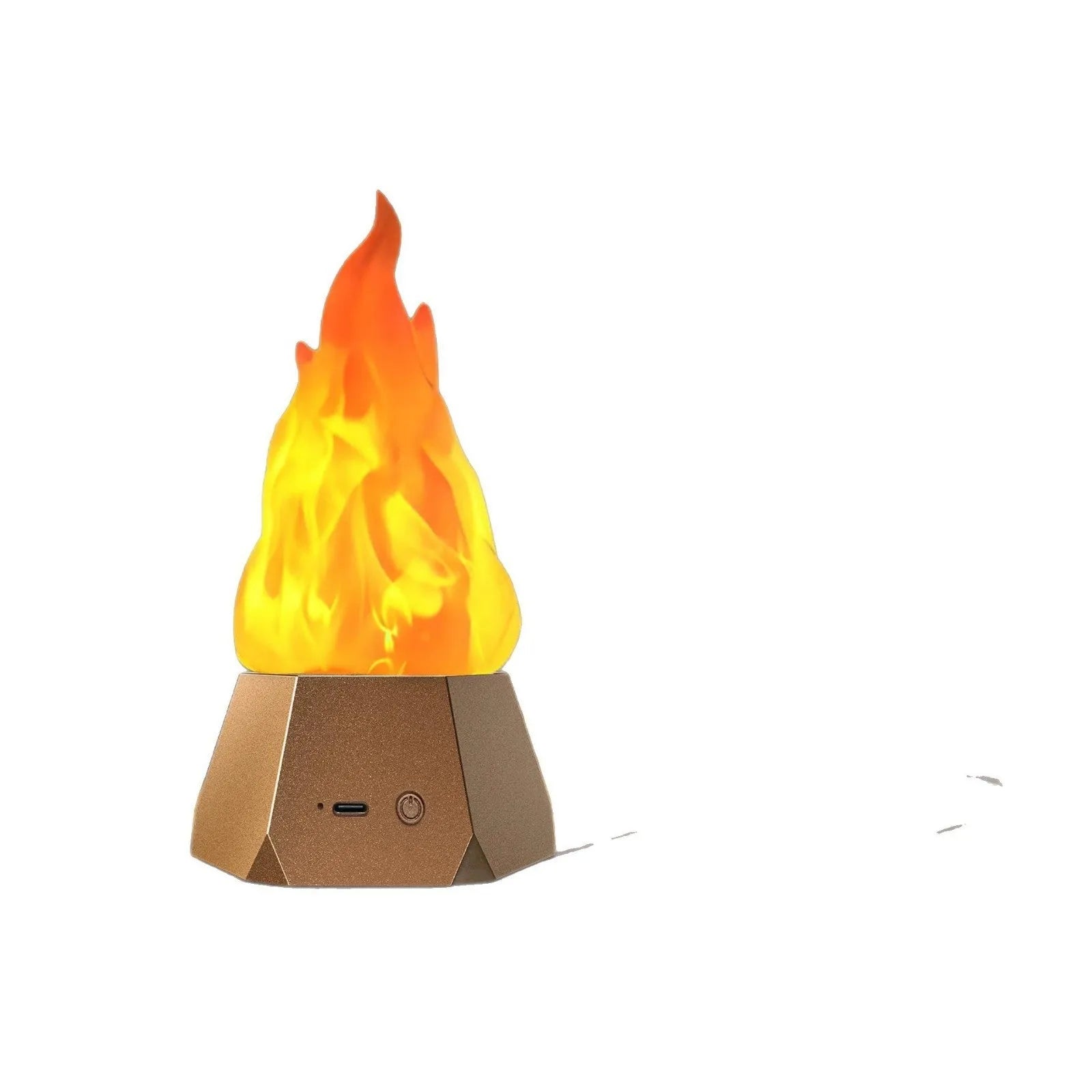 Flame-shaped outdoor decorative light with vinyl shell and gold charging base on a garden table