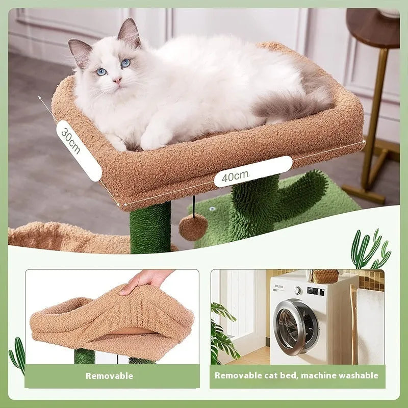 Wooden cat climbing frame with platform shelf cactus green colour 43x33x87cm simple style