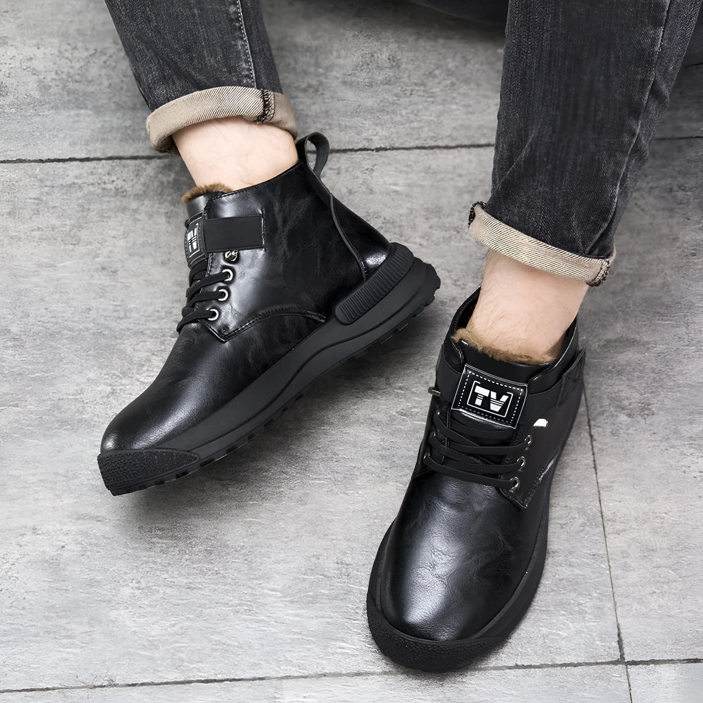 Men's black Martin platform boots with velvet upper and rubber sole on white background