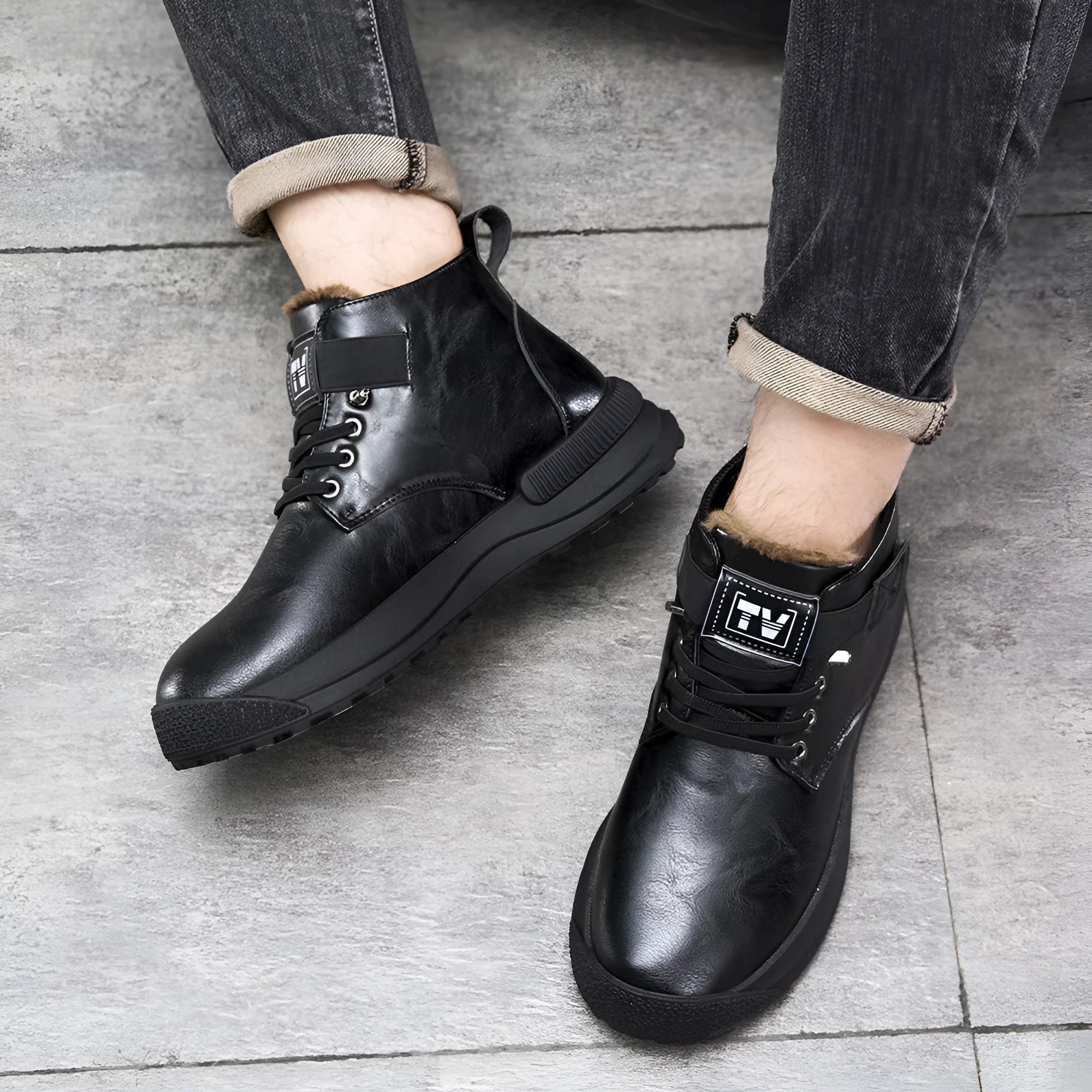 Men's black Martin platform boots with velvet upper and rubber sole on white background