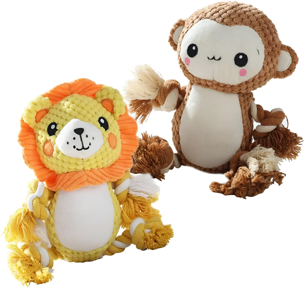 Lion and monkey plush squeaky dog toys for medium large breeds showing size comparison