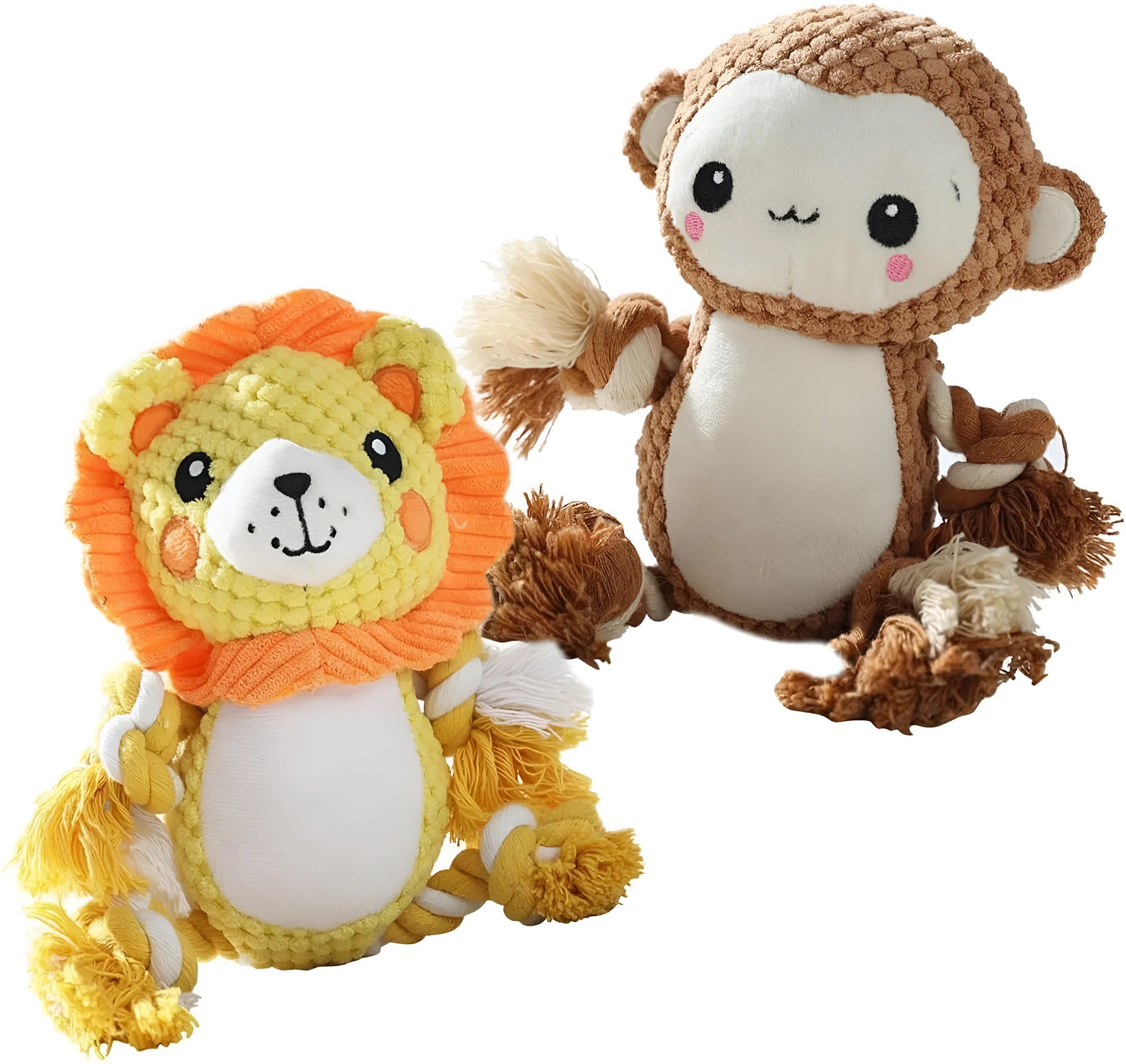 Lion and monkey plush squeaky dog toys for medium large breeds showing size comparison