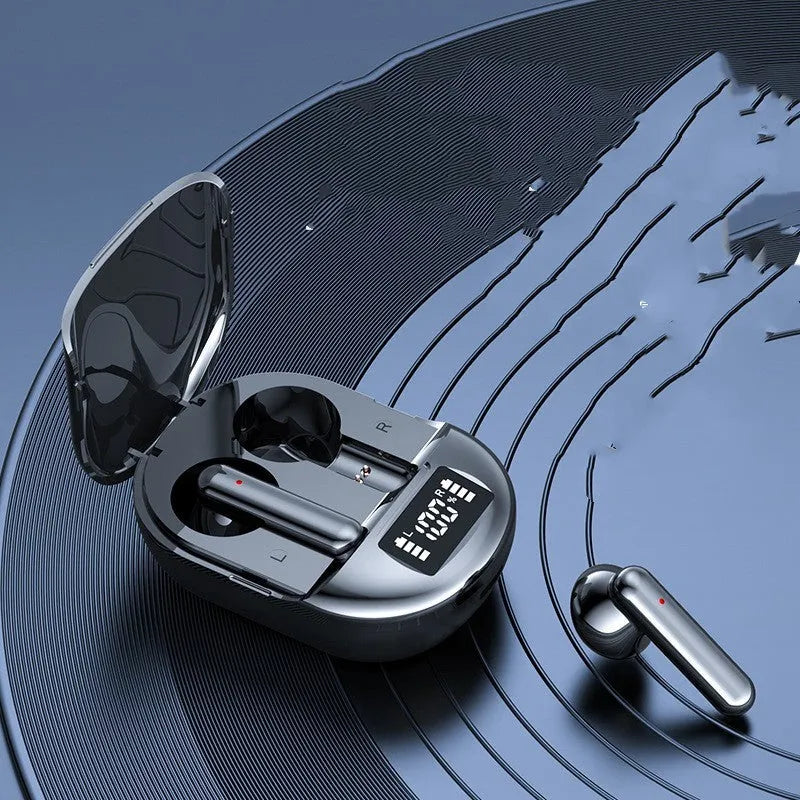 Black or white wireless Bluetooth in-ear headset with charging bin, featuring a digital display screen.