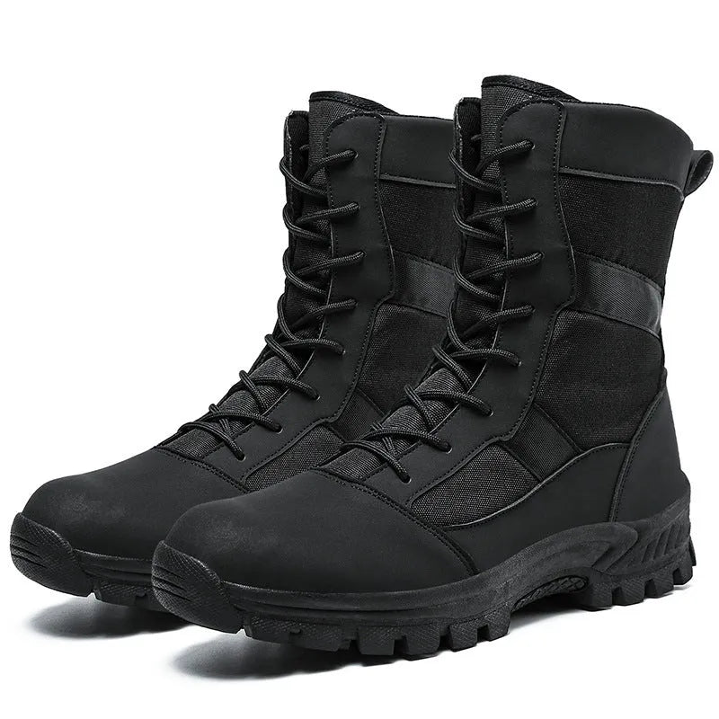 Men's plus size mesh Martin boots in black and camouflage colours showing high-top combat boot design