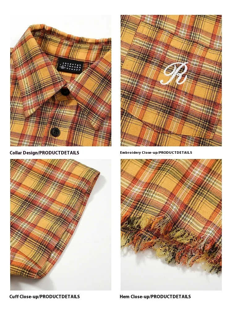 Yellow grid plaid short sleeve shirt with embroidered pocket detail in loose fit