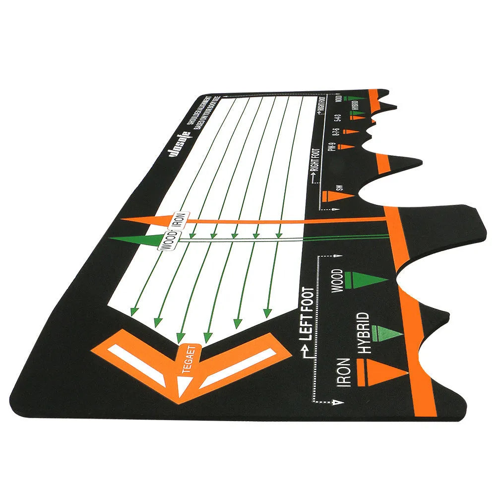 Black neoprene golf swing stance positioning pad measuring 22.5cm for training alignment