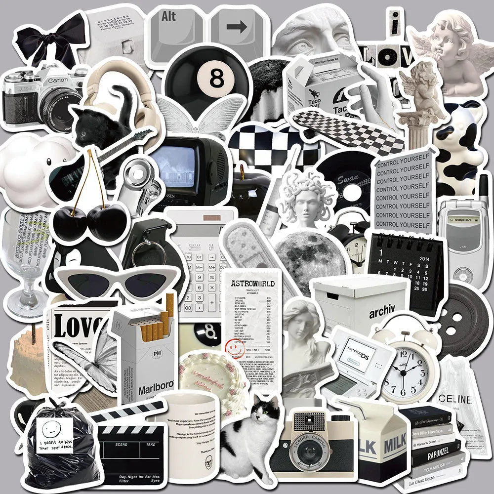 61 black and white waterproof PVC stickers for laptops and phones on a sheet.