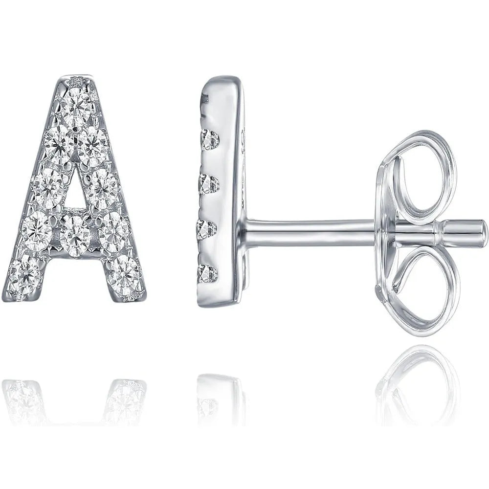 Gold plated alphabet letter earrings on a white background showing the letter A with zircon stones and butterfly backings.