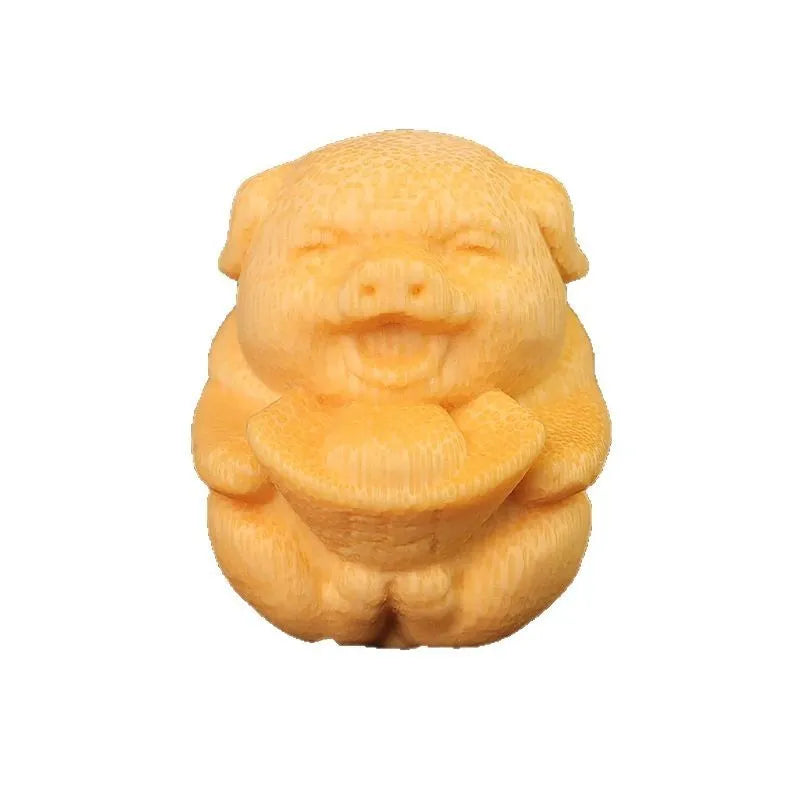 Fulu pig solid bamboo carving ornament with 4cm height and ingot pigskin shape