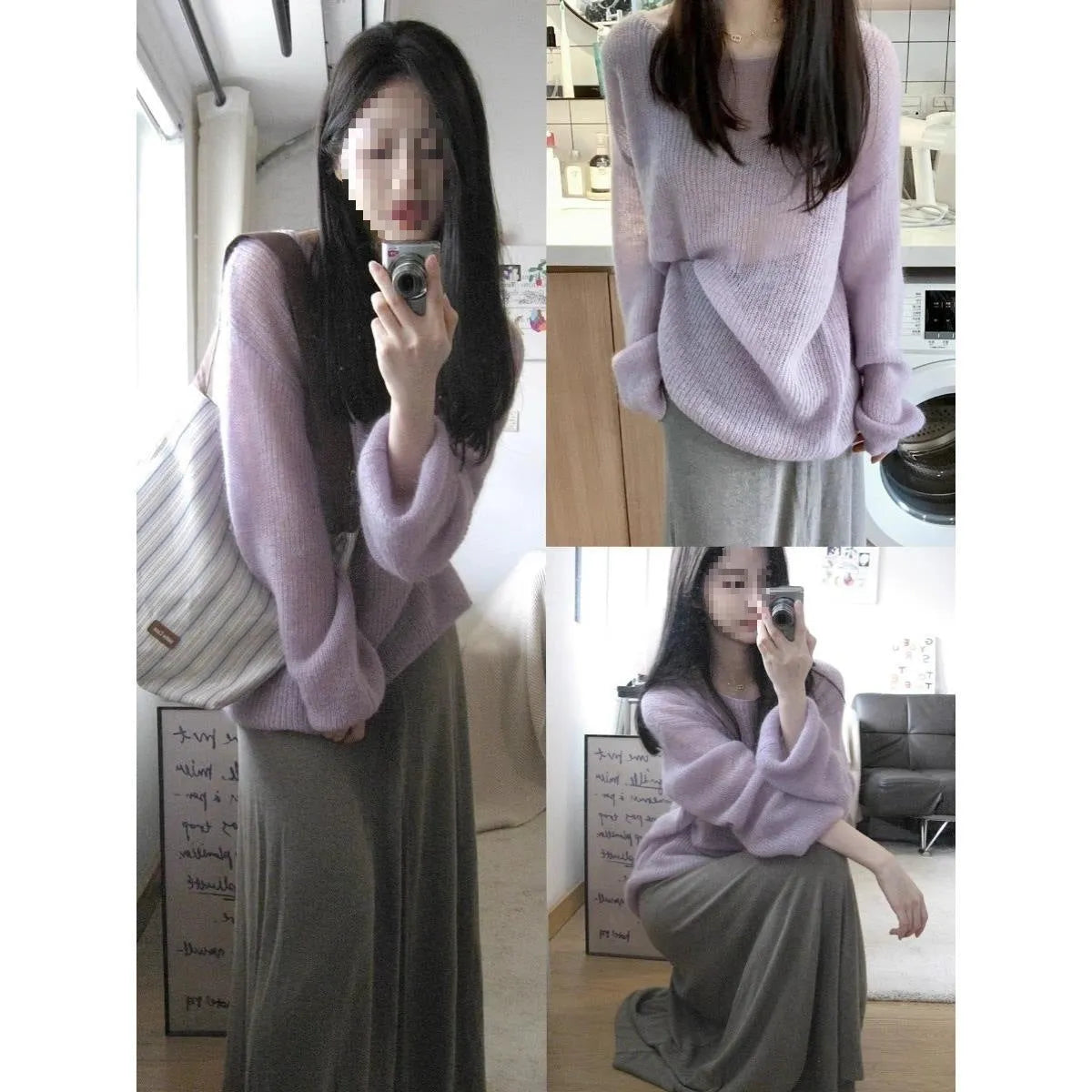 Purple women's ice silk blouse with princess sleeves and shoulder strap details