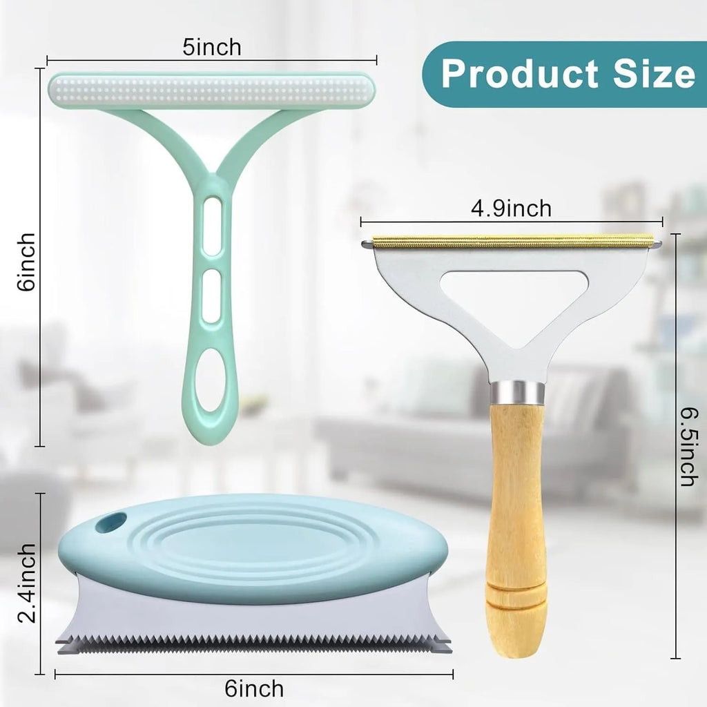 Three pet hair remover tools: metal lint brush, silicone brush, and round scraper for clothes sofa car cleaning