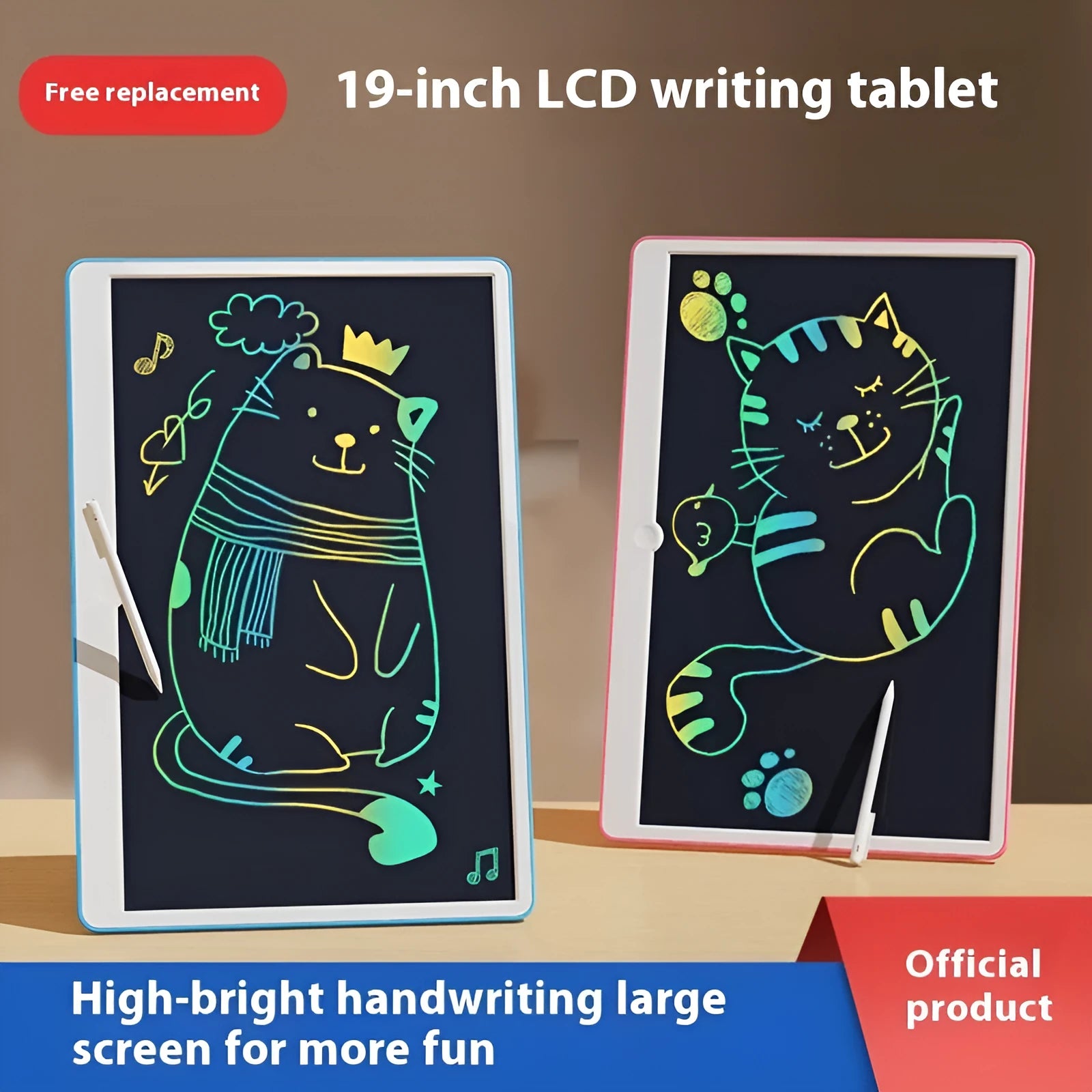 19-inch blue and white rechargeable LCD children's drawing board with stylus on a table