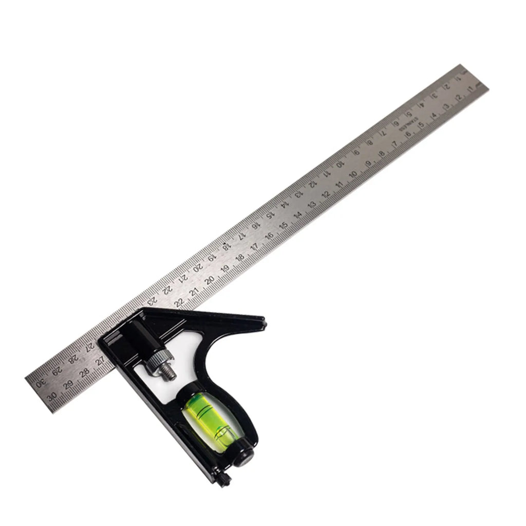 Two red metal combination angle rulers with metric scales, shown with a transparent storage bag.