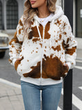 Yellow brown cow print hooded cardigan jacket with zip fastening and regular sleeves