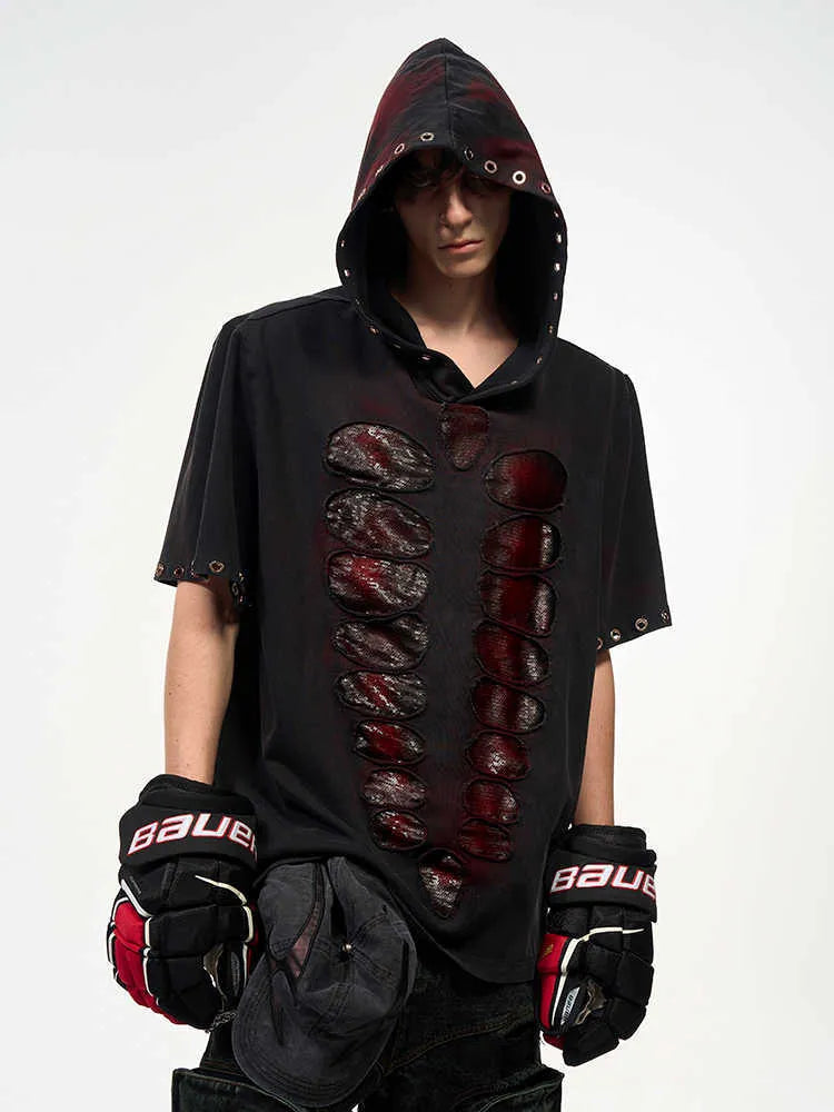 Black men's hooded T-shirt with sequin detailing and short sleeves
