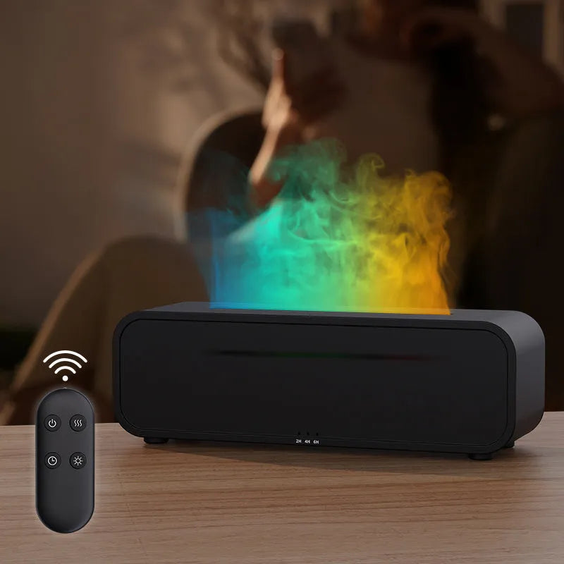 Black flame design aroma diffuser with remote control on a wooden table