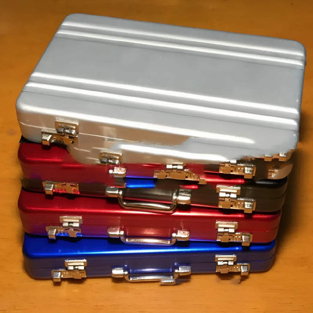 Slim aluminium metal card holder in six colours: red, blue, black, silver, pink, and gold.
