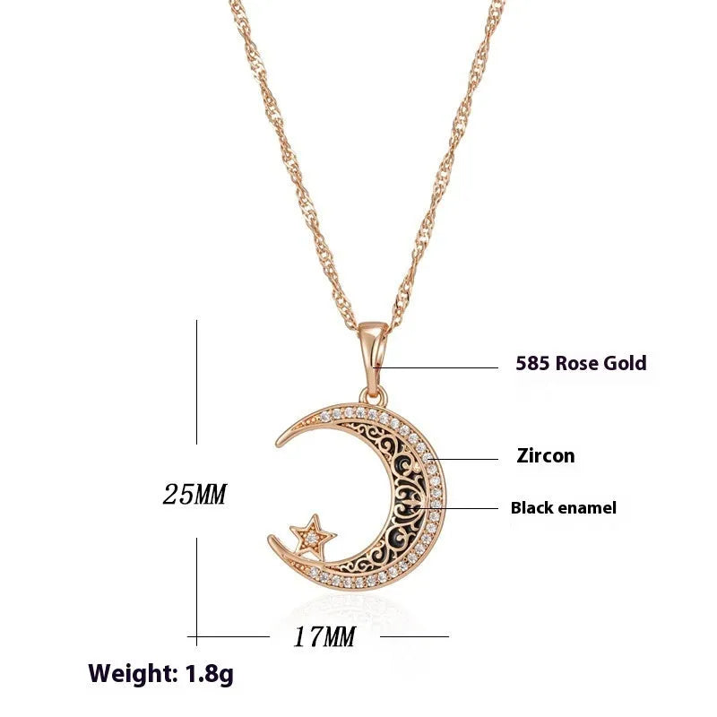 Rose gold star moon pendant necklace with zircon and enamel on adjustable water wave chain