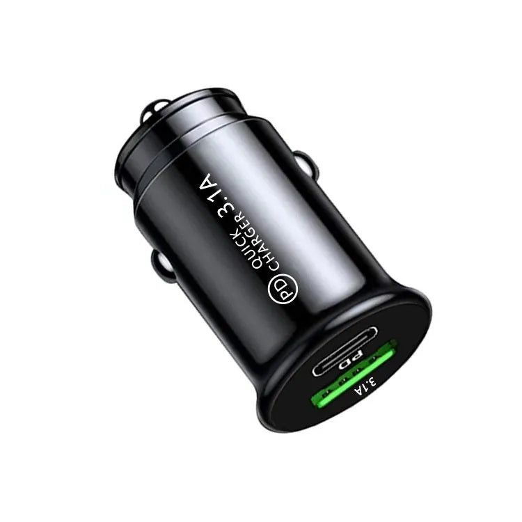 Dual port USB car charger converter in black with bare metal ports for 12V 24V vehicles
