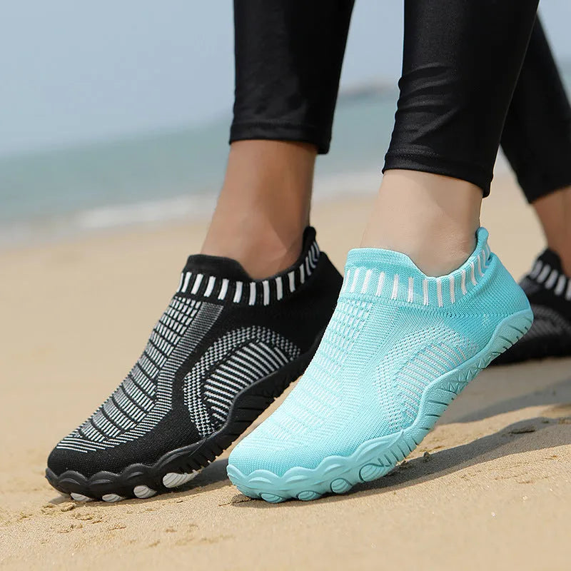 Non-slip quick-drying wading shoes with lycra upper and rubber sole in black, side view