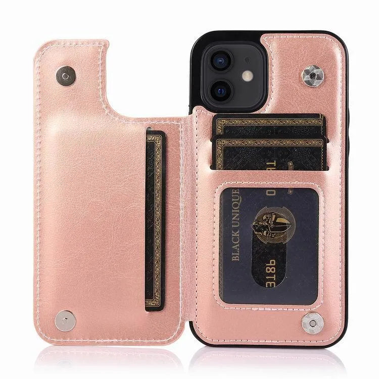 Crazy horse pattern PU TPU phone case with double buckle bracket holster for iPhone 13 Pro Max in brown colour