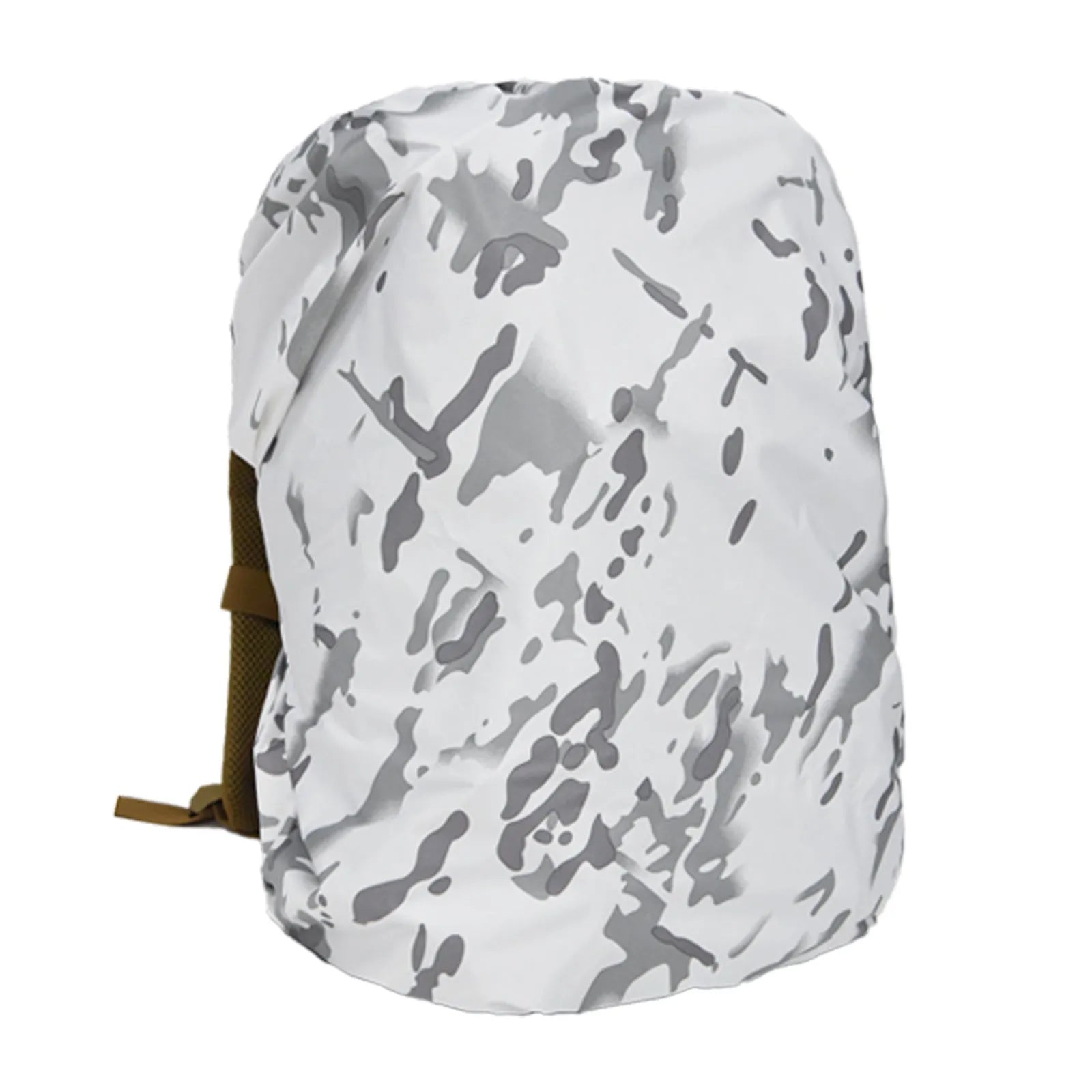 Army green waterproof rain cover for a large 80 litre backpack on a hiking trail.