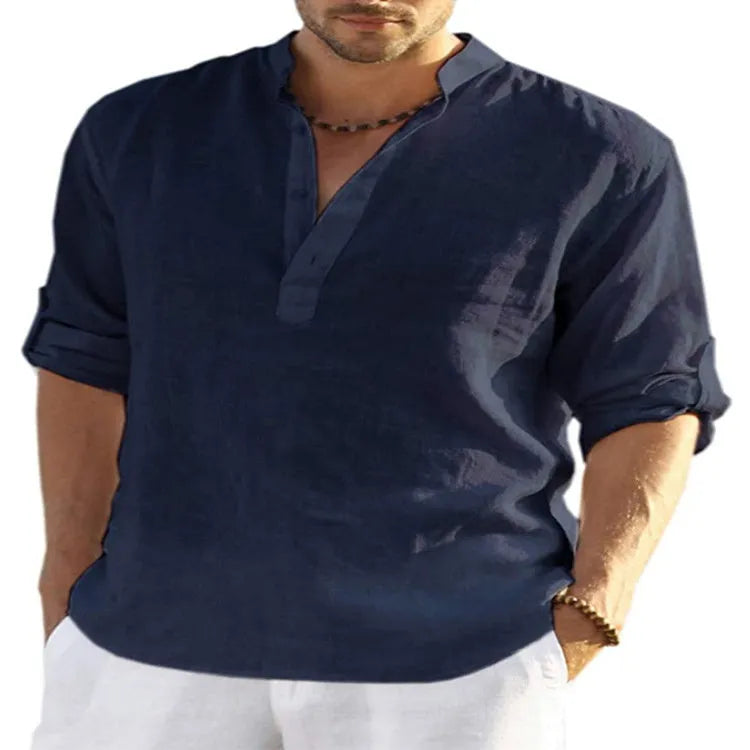 Men's solid colour cotton linen long sleeve shirt with stand collar and button-down front.