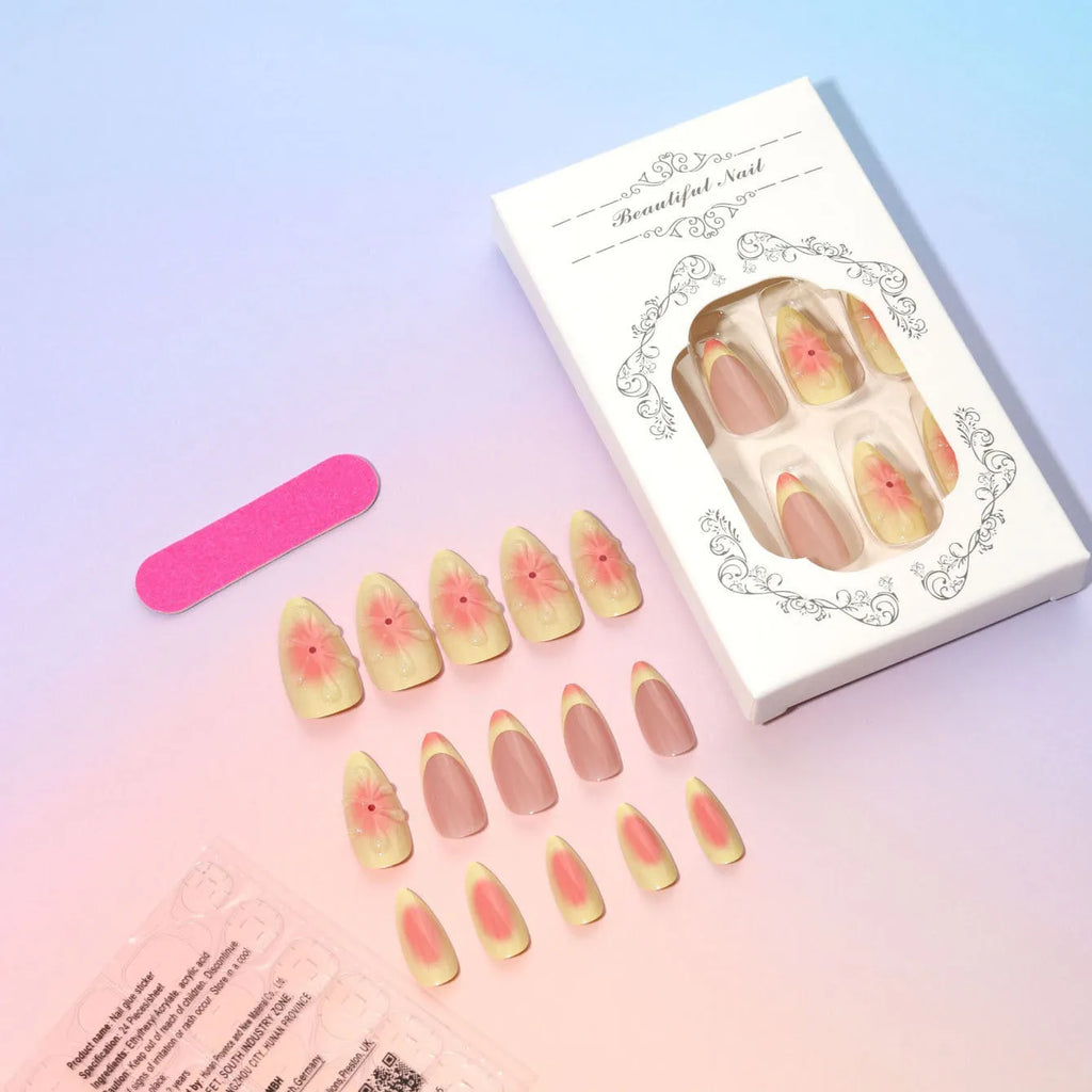 Set of detachable plastic fake nails with colourful 3D cartoon flower pattern, jelly glue pot, and filing strip.