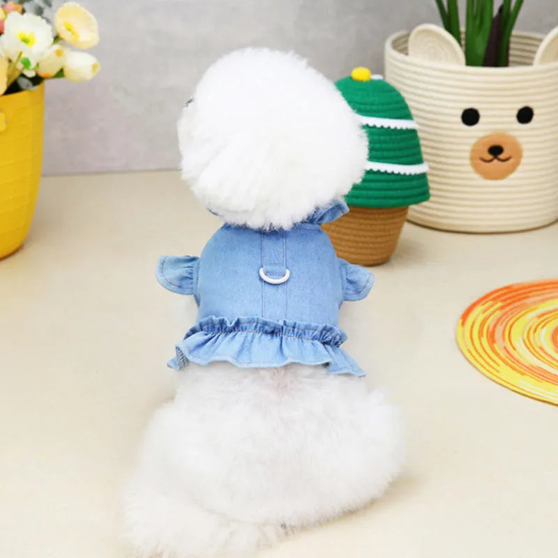 Blue denim dog dress with ruffles vest design and leash hook attachments