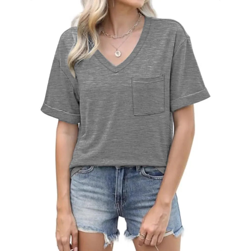 Grey loose fit V-neck T-shirt with chest pocket casual short sleeve top
