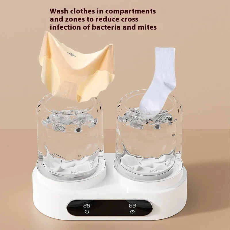 White double bucket USB portable mini washing machine for underwear on a countertop.