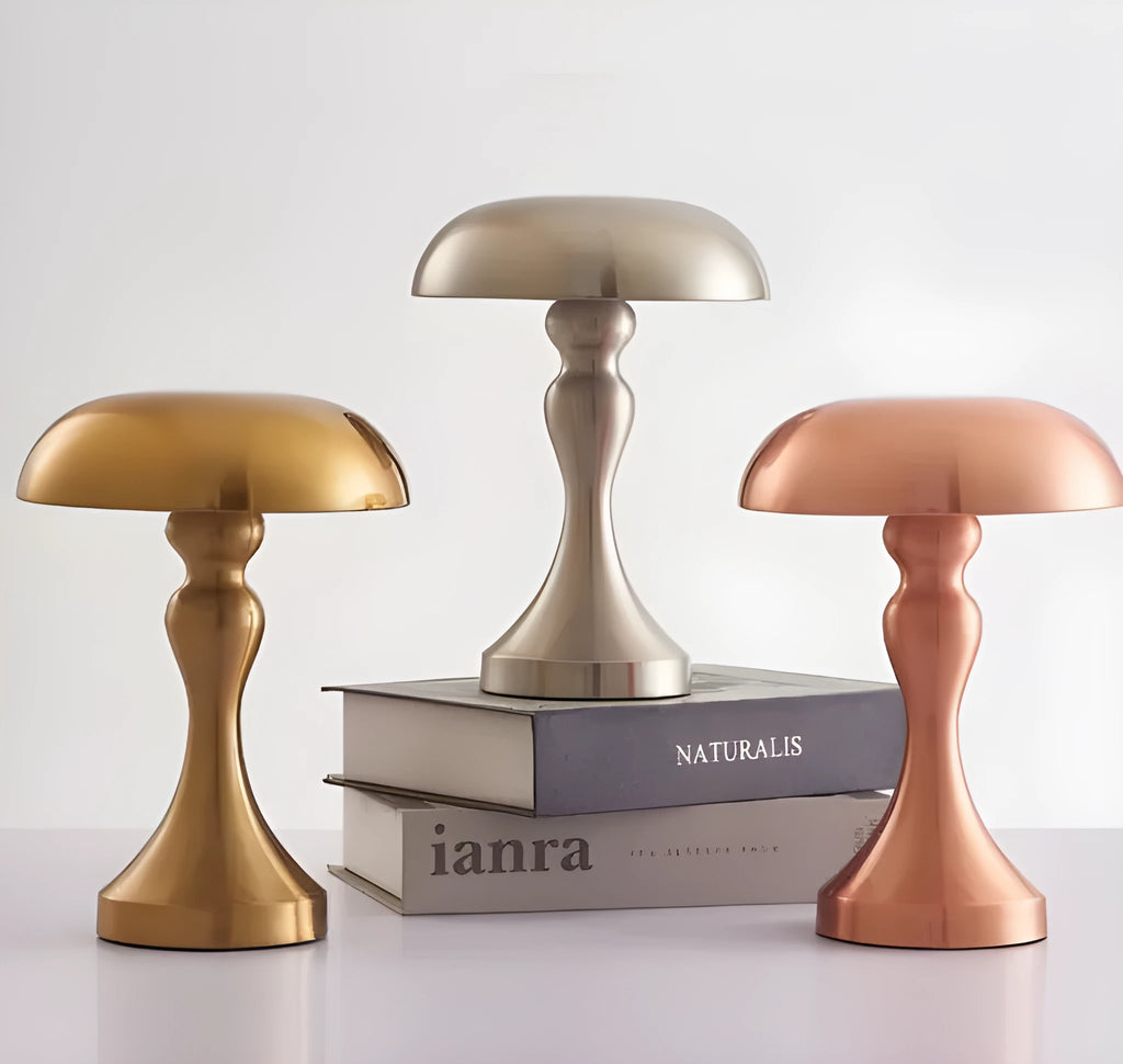 Metallic USB-charging LED desk lamp with touch control for white, warm, and natural light.