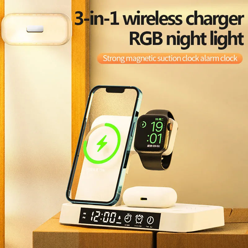 White 4 in 1 multifunction wireless charger station with foldable stand, alarm clock display, and RGB night light