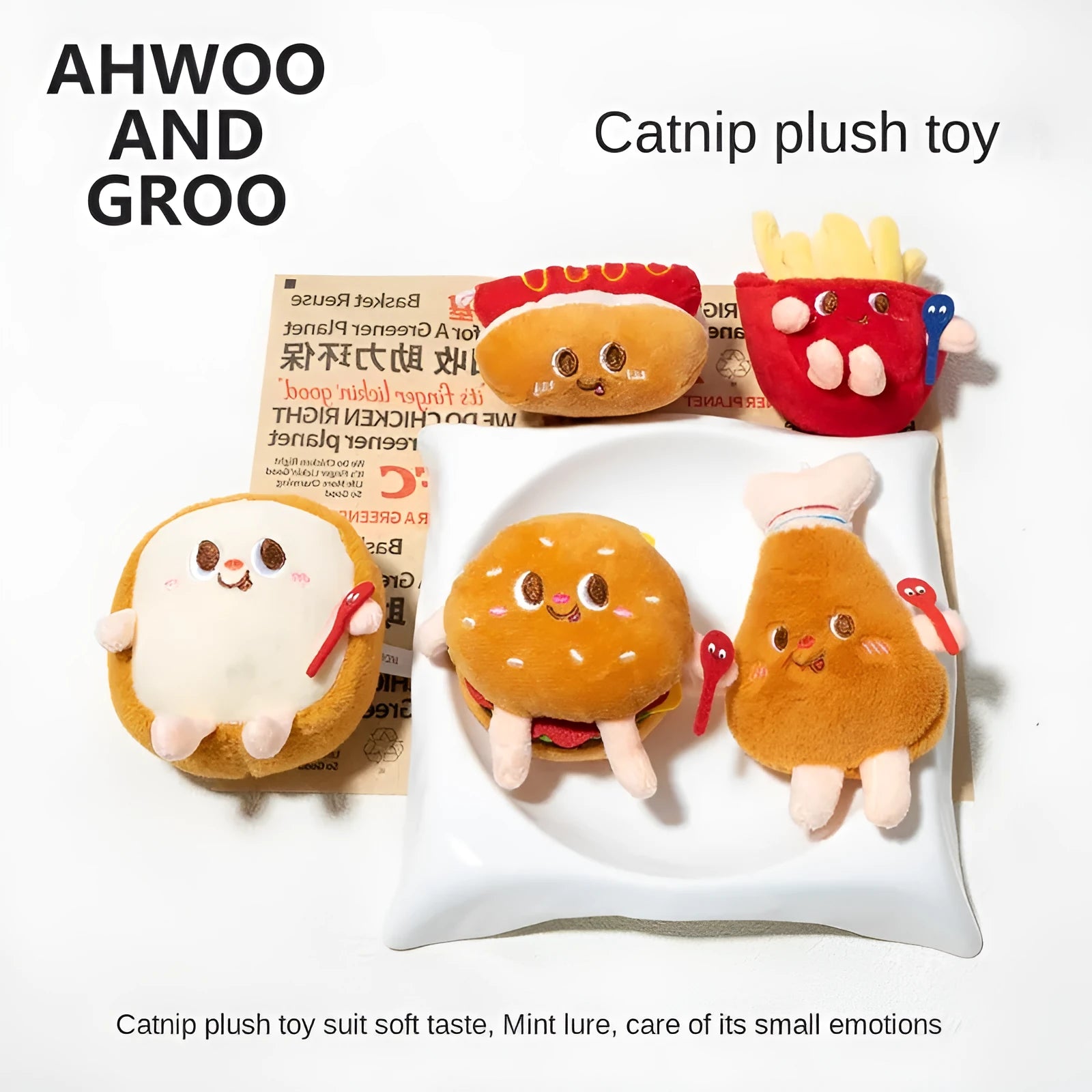 Cat mint plush chew toy set showing hamburger, chicken leg, fries, and hot dog shaped toys for kittens and cats
