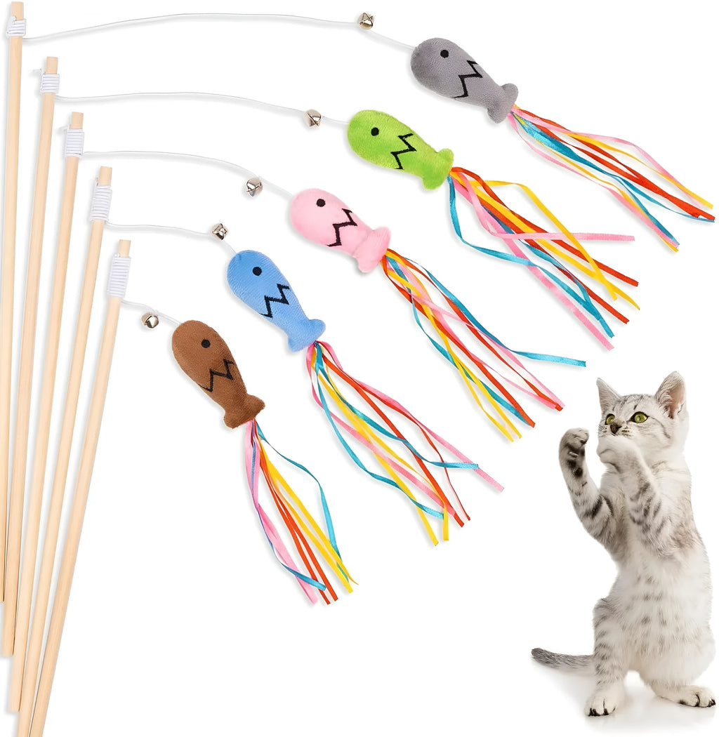 Cat wand toy with colourful ribbons, catnip fish, and bell on wooden handle for interactive play