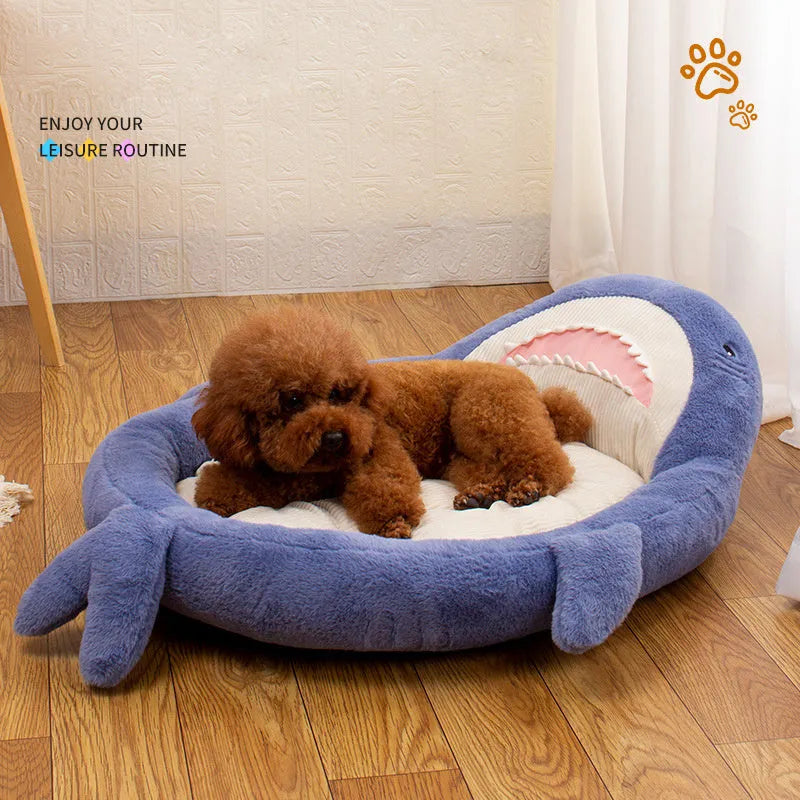 Shark pattern pet bed cushion in blue velvet, with thick padding, for small to medium dogs