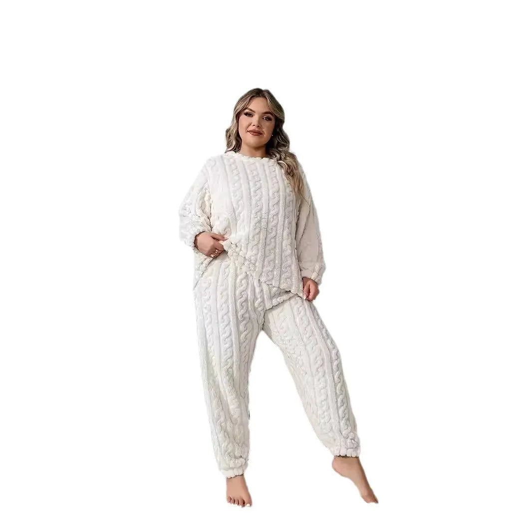 Women's creamy white polyester two-piece tracksuit set with crew neck top and matching trousers