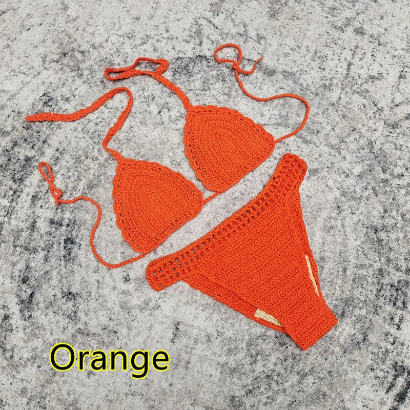 Women's 3-piece handmade crochet bikini beach skirt swimsuit set in solid colours