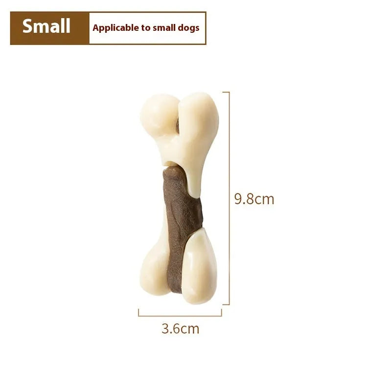 Cowhide and nylon bone grinding rod dog chew toy shown in two sizes.