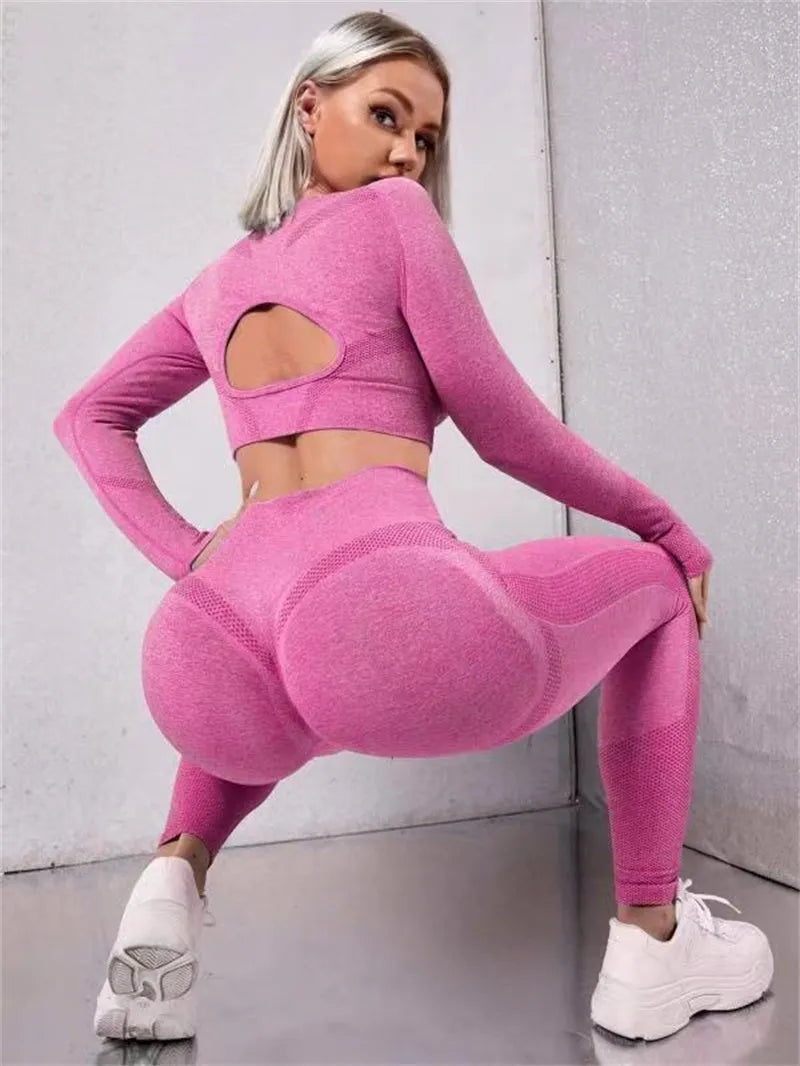 Two-piece sports suit with long sleeve hollow top and high waist seamless leggings in green