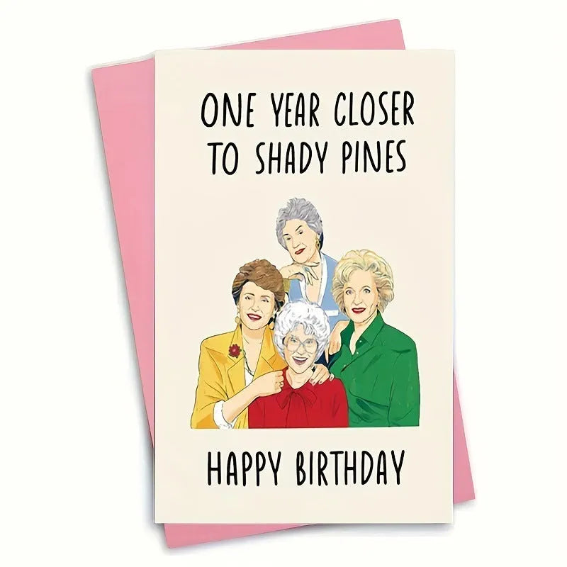 Simple printed birthday greeting card with coloured envelope options in yellow, purple, pink, red, and Kraft paper