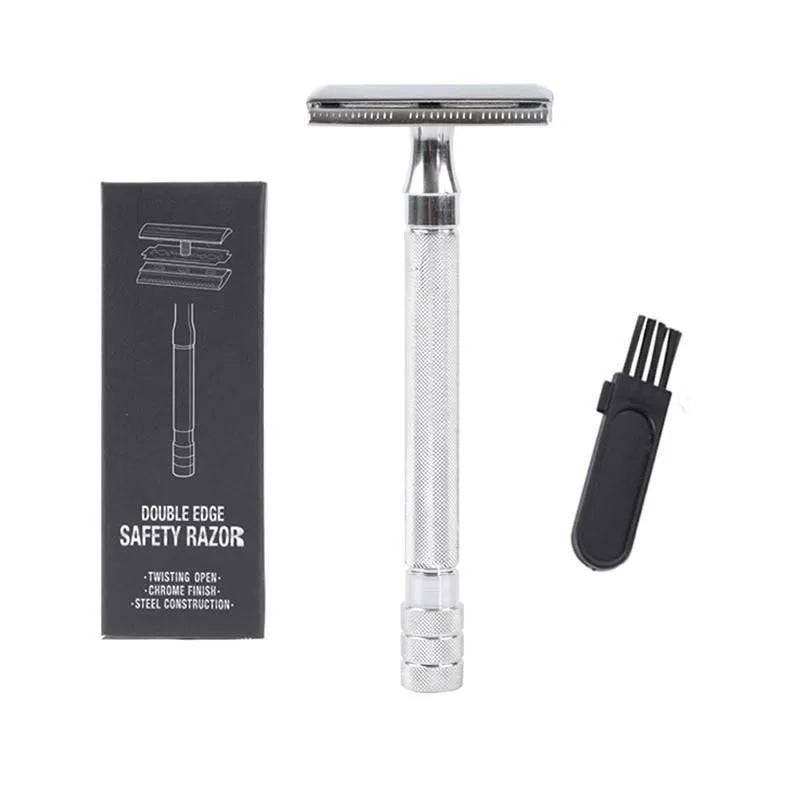 Traditional manual pogonotomy metal shaver scraper and brush set in black or silver finish